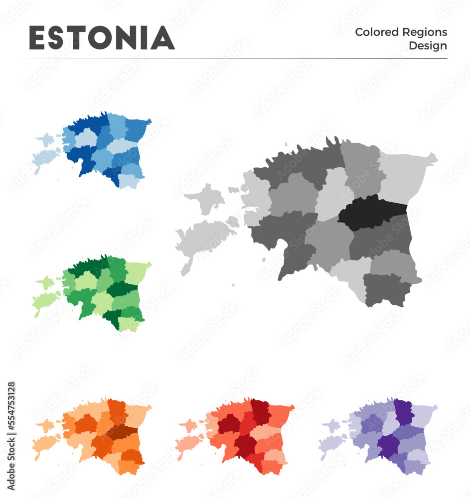 Estonia map collection. Borders of Estonia for your infographic. Colored country regions. Vector illustration. Estonia map collection. Borders of Estonia for your infographic. Colored country regions. Vector illustration.