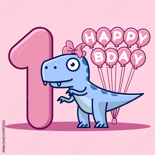 Cute dinosaur with bow 1st birthday invitation card with balloons