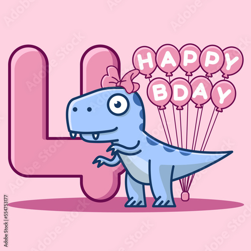 Cute dinosaur with bow 4th birthday invitation card with balloons