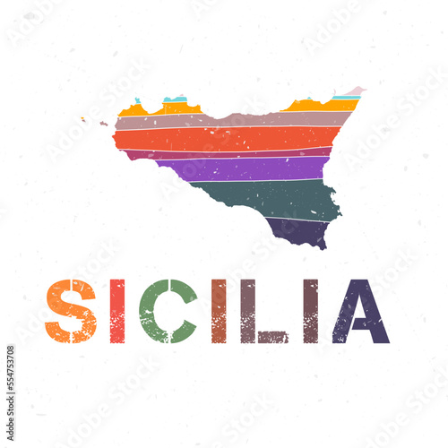 Sicilia map design. Shape of the island with beautiful geometric waves and grunge texture. Astonishing vector illustration. photo