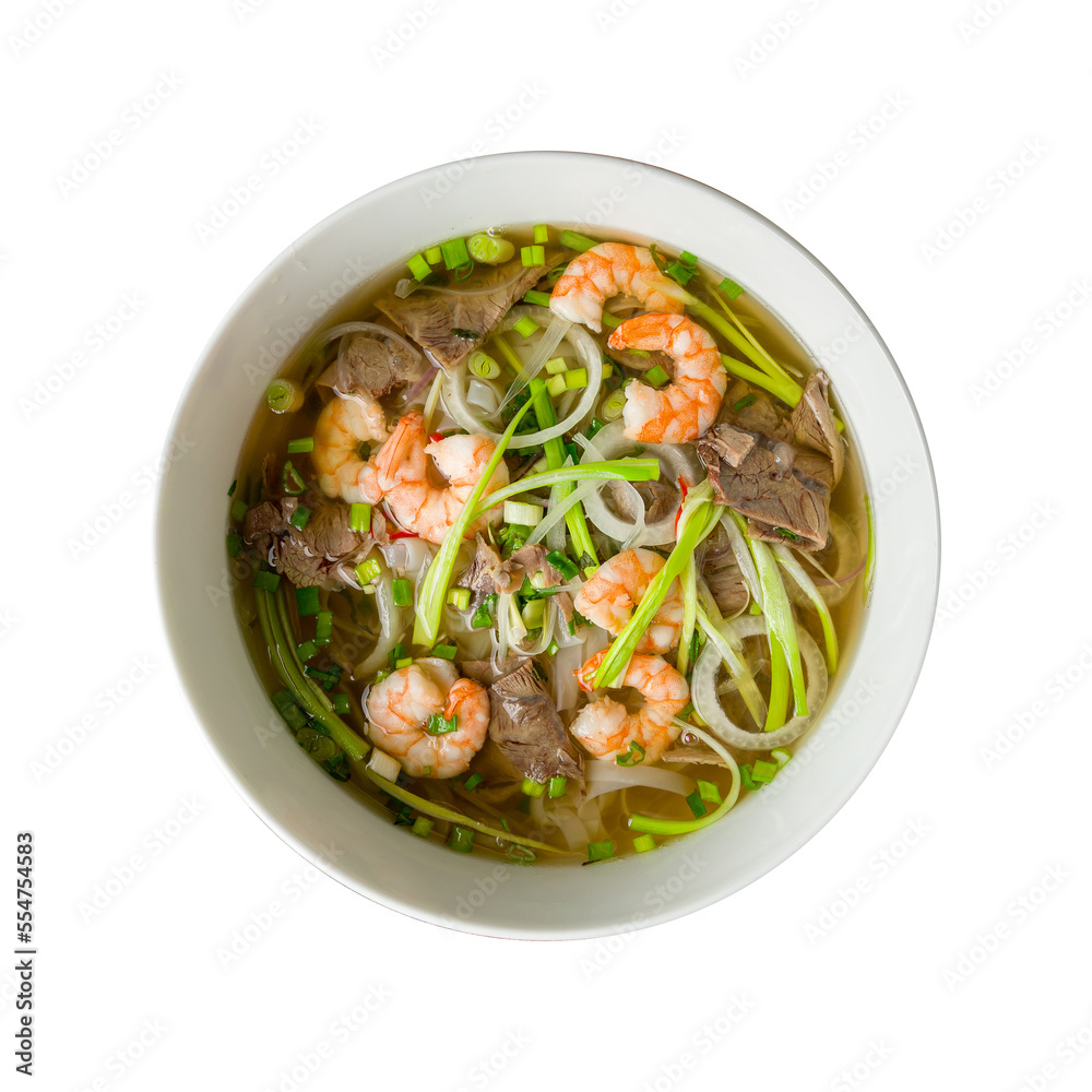 Vietnamese soup Pho with shrimps, onion and noodles isolated on white background top view