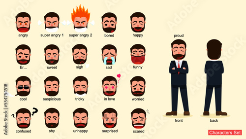 Set of Businessman characters design. Front, Back view character. Presenting the expressions in each mood. Face emotions. Facial expressions. Cartoon style. Business Concept. Vector illustration
