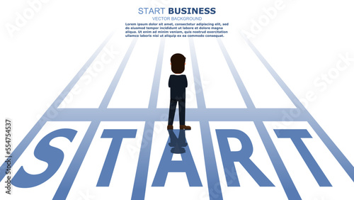 Businessman standing at start line. The starting point to grab the finish line in the future. Startup banner to compete against itself. Business Concept. Vector illustration
