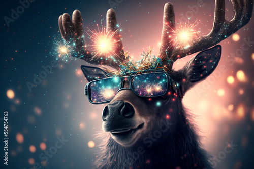 Foto Deer having fun at a New Year's Eve party with fireworks