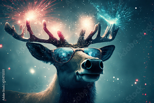 Deer watching fireworks at a New Year's Eve party. Generative AI. © eyetronic