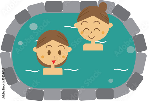 温泉に入っている女性のイラスト・温泉旅館・岩風呂・露天風呂・スーパー銭湯・入浴
