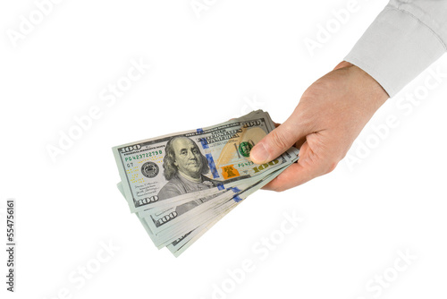 Man hand with dollar cash isolated on transparent background, PNG. Allocation of money, economy concept, US dollar falling or rising. Top view, flat lay. Business, finance, bank, currency