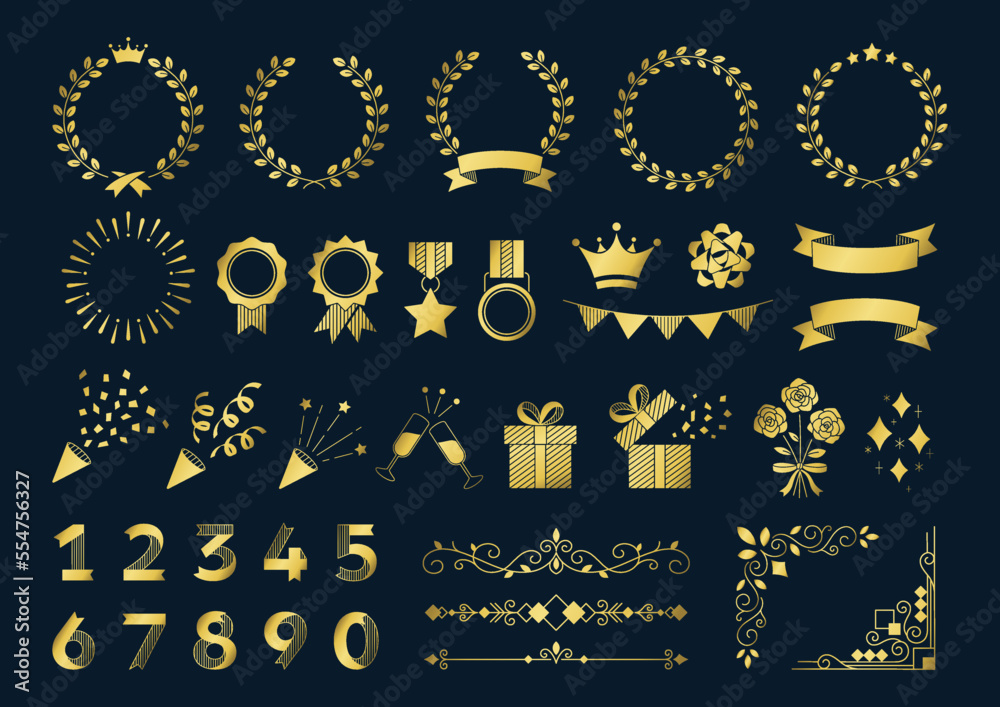 Set of frames and illustrations for festive designs, gold clipart on Navy background.