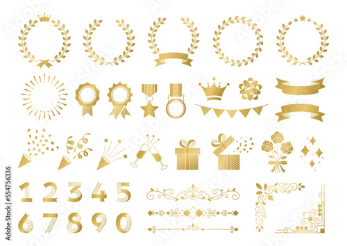 Set of frames and illustrations for festive designs, gold clipart on white background.