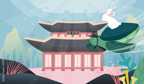 Korean traditional fairy tale. A turtle is swimming in the sea with a rabbit on its back.
