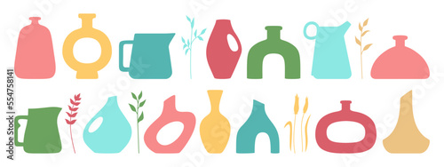 Vase shape and ceramic pot, jug or jar bottles silhouette set. Cozy home decor handmade boho pottery form and branch leaves. Antique various vases, hand drawn vessel. Trendy art vector illustration