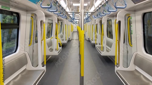 Interior of Hong Kong MTR train, empty with no one during COVID 19 pandemic photo