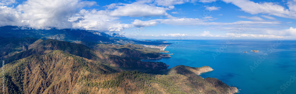 Fototapeta premium Panoramic drone view of Mediterranean coastline between Tekirova and Chirali on sunny winter day. Turkey.
