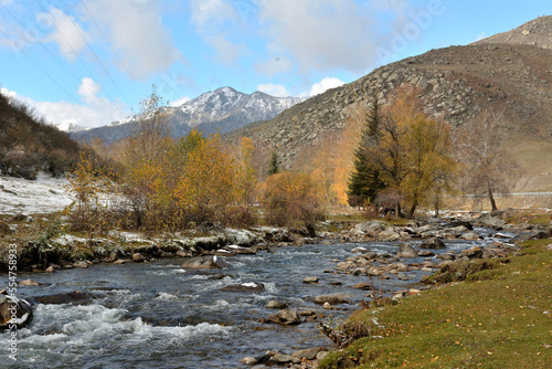 Yellowed trees on the rocky banks of a mountain river flowing through the valley with the banks covered with the first snow in autumn morning.