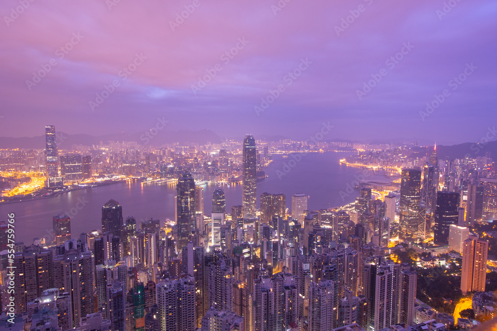 Dawn view of Victoria Harbour from The Peak, Hong Kong