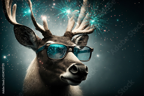 Fotografie, Tablou Funny deer celebrating with New Year's Eve fireworks