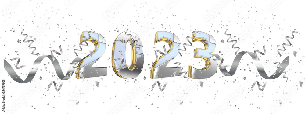 2023 3d Realistic silver number Merry Christmas and Happy New Year 2023 greeting card  on  transparent background.