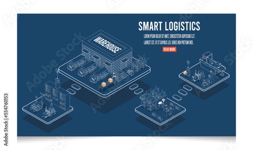 3D isometric Smart logistics concept with Delivery Robot, Warehouse Logistics and Management, Logistics solutions complete supply chain, transportation truck. Eps10 vector illustration