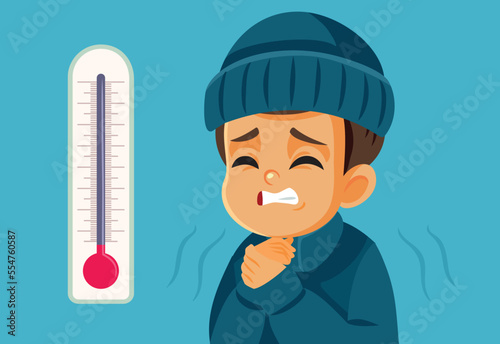 Freezing Boy Suffering in Cold Weather Vector Cartoon Illustration. Unhappy child disliking bad freezing season trembling and shivering 
