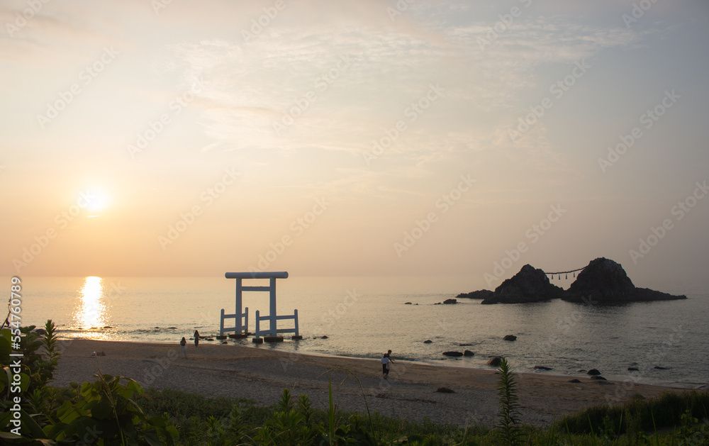 Panoramic view of Meotoiwa and White Torii Gate at Itoshima Bay at Sunset, Shimasakurai, Fukuoka, Japan