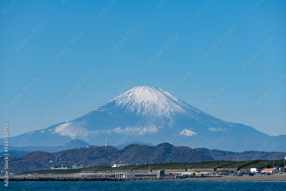 湘南海岸から望む冠雪した富士山