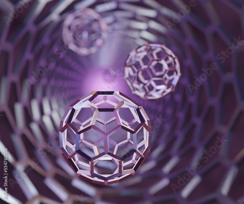 fullerene buckyballs inside of the carbon nanotube 3d rendering photo