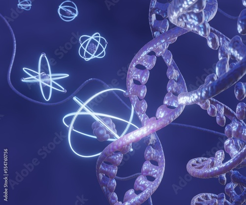 Atomic radiation on DNA strands. atoms and DNA helix 3d rendering