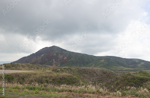 Beautiful Summer landscape at largest active volcano in Japan stands in Aso Kuju National Park, Aso (Aso-shi), Kyushu Region, Kumamoto Prefecture, Japan