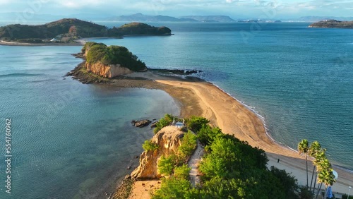 Scenic seascape with sandy beach, flying over Angel Road, a sandbar off the island of Shodoshima in Seto Inland Sea, Japan, Japanese tourist attraction, vacation in Japan
