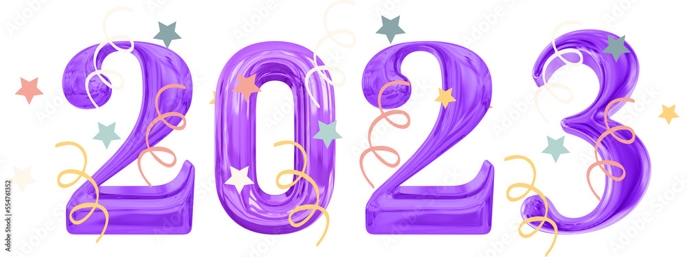 Obraz premium 2023 3d Realistic purple Foil Balloons. Merry Christmas and Happy New Year 2023 greeting card on transparent background.