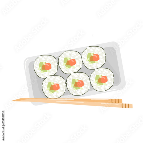 avocado rolls on bamboo rice sticks separately on a flat plate with chopsticks
