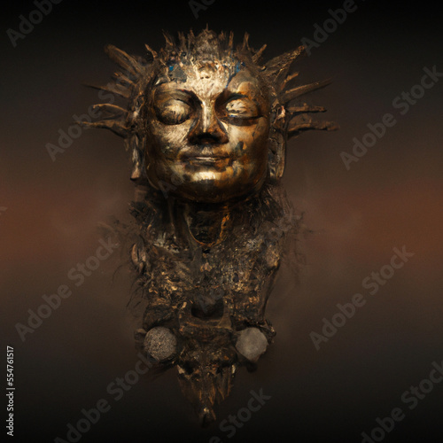 Ancient or alien face mask in brown and gold with copy space generative ai illustration