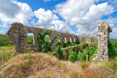 The ruins of what once was an impressive Boiling House for producing sugar from sugar cane at the Betty’s Hope Plantation in Antigua and Barbuda, copy space photo