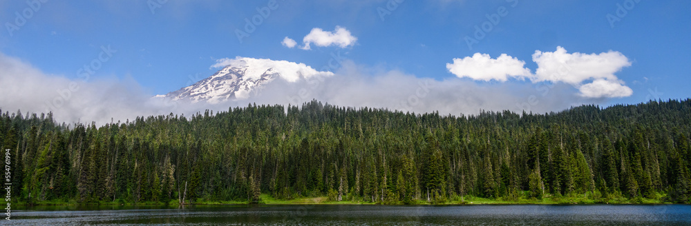 Peaceful view of Mt. Rainier from Reflections Lakes on a sunny summer day, as a nature background
