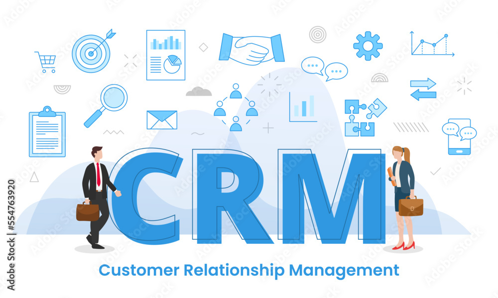 crm concept with big words and people surrounded by related icon spreading with modern blue color style