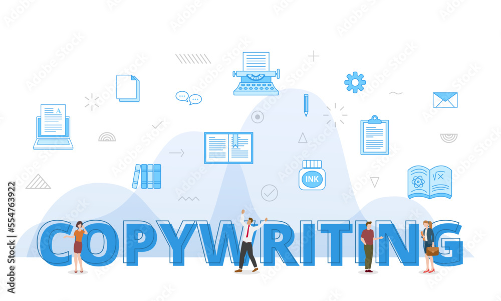 copywriting concept with big words and people surrounded by related icon spreading with modern blue color style