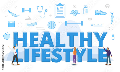 healthy lifestyle concept with big words and people surrounded by related icon spreading with modern blue color style