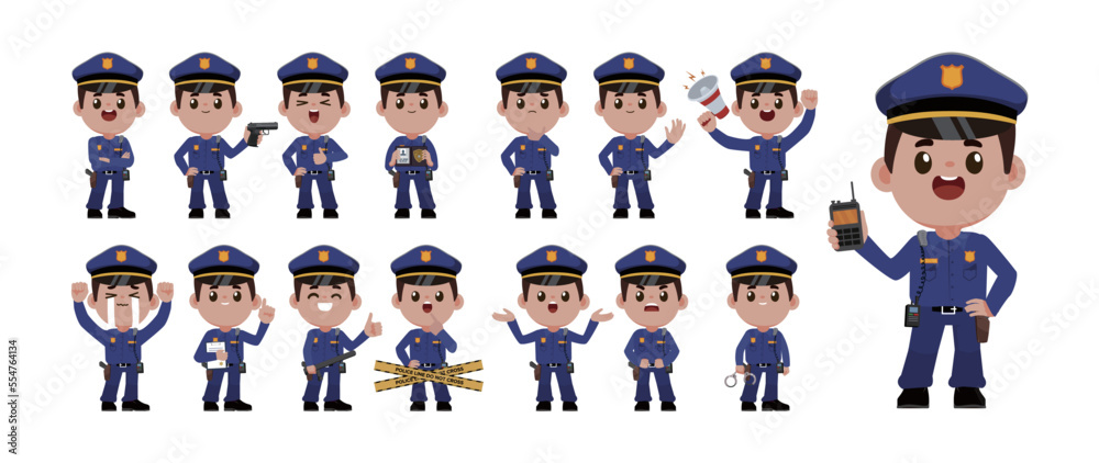 set of policeman characters in different poses set of policeman characters in different poses