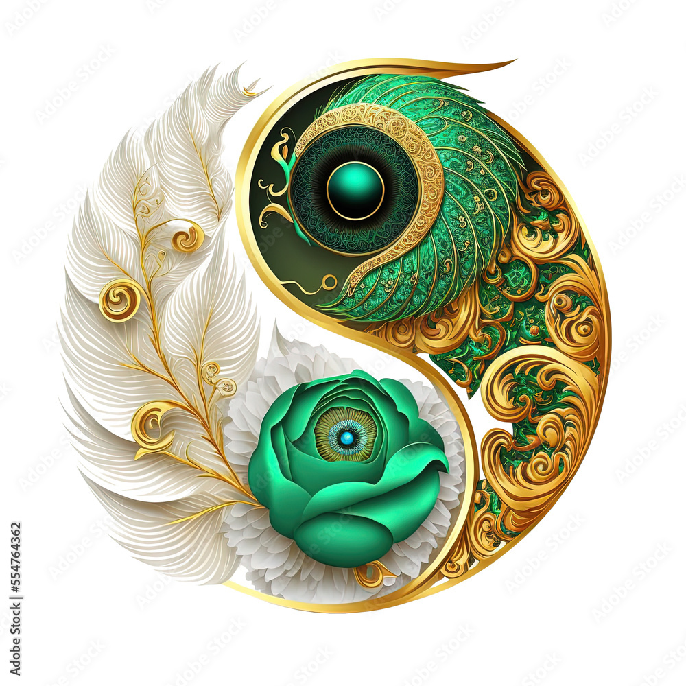 yin yang symbol made of peacock feather and jewels, transparent background, generative AI - obrazy, fototapety, plakaty 