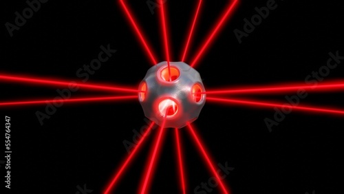 Spherical high energy laser fusion reactor. Sphere with rods receiving, emitting red laser beams. 3d illustration render future energy concept.