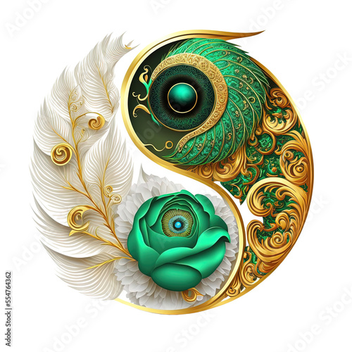 yin yang symbol made of peacock feather and jewels, transparent background, generative AI