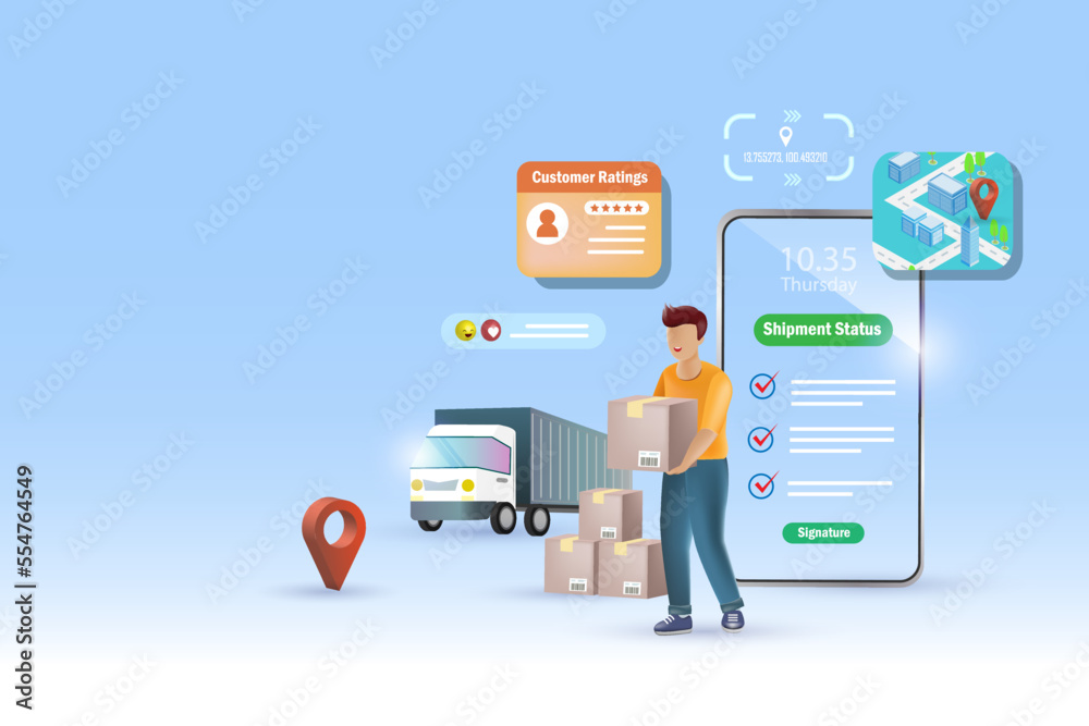 Online delivery service with excellent customer rating and review. Delivery man holding carton shipments with smart tracking technology and best delivery service performance. Vector Illustration. Online delivery service with excellent customer rating and review. Delivery man holding carton shipments with smart tracking technology and best delivery service performance. Vector Illustration.