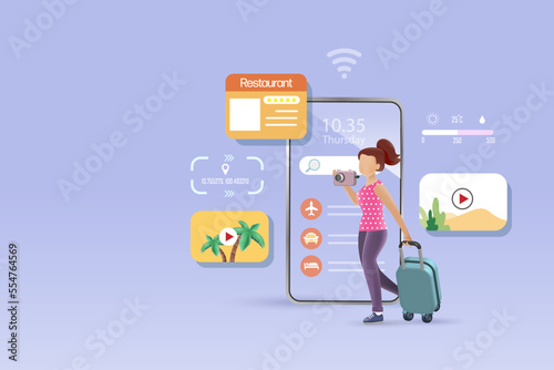 Online travel, trip and tourist concept. Woman backpacker holding camera, carrying luggage enjoy her trip with online smart information on mobile app. 3D vector.