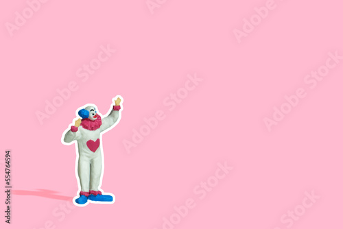 Miniature people toy figure photography. Front view of bald clown wearing white dress sticker on pink pastel background
