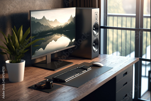A desktop computer setup and work space at home. Generative AI