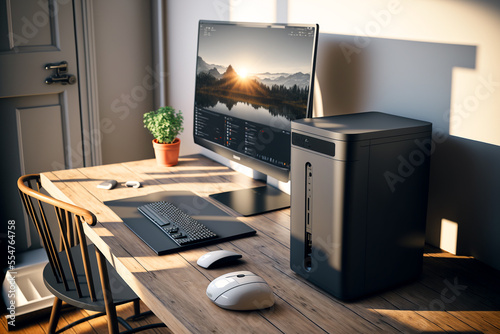 A desktop computer setup and work space at home. Generative AI