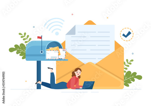 Email Service with Correspondence Delivery, Electronic Mail Message and Business Marketing in Flat Cartoon Hand Drawn Templates Illustration