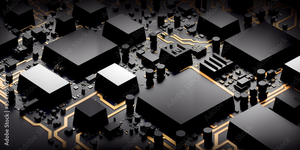 A sleek and modern technology background featuring a close-up of black  computer chips on a black PCB board with gold circuitry, creating a  high-tech and luxurious electronic aesthetic. Generative AI Stock  Illustration