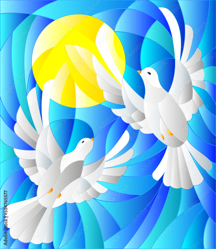 Obraz premium An illustration in the style of a stained glass window with a pair of flying pigeon against the background of the sun and blue sky