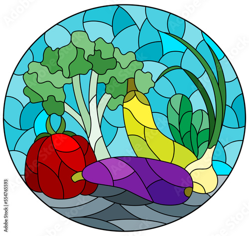 An illustration in the style of a stained glass window with a composition of ripe fresh vegetables on a table on a blue background, oval image